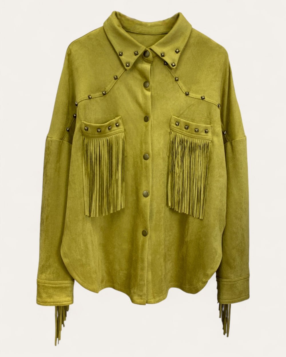 Fringe Trim Studded Shirt Jacket - Zilvina
