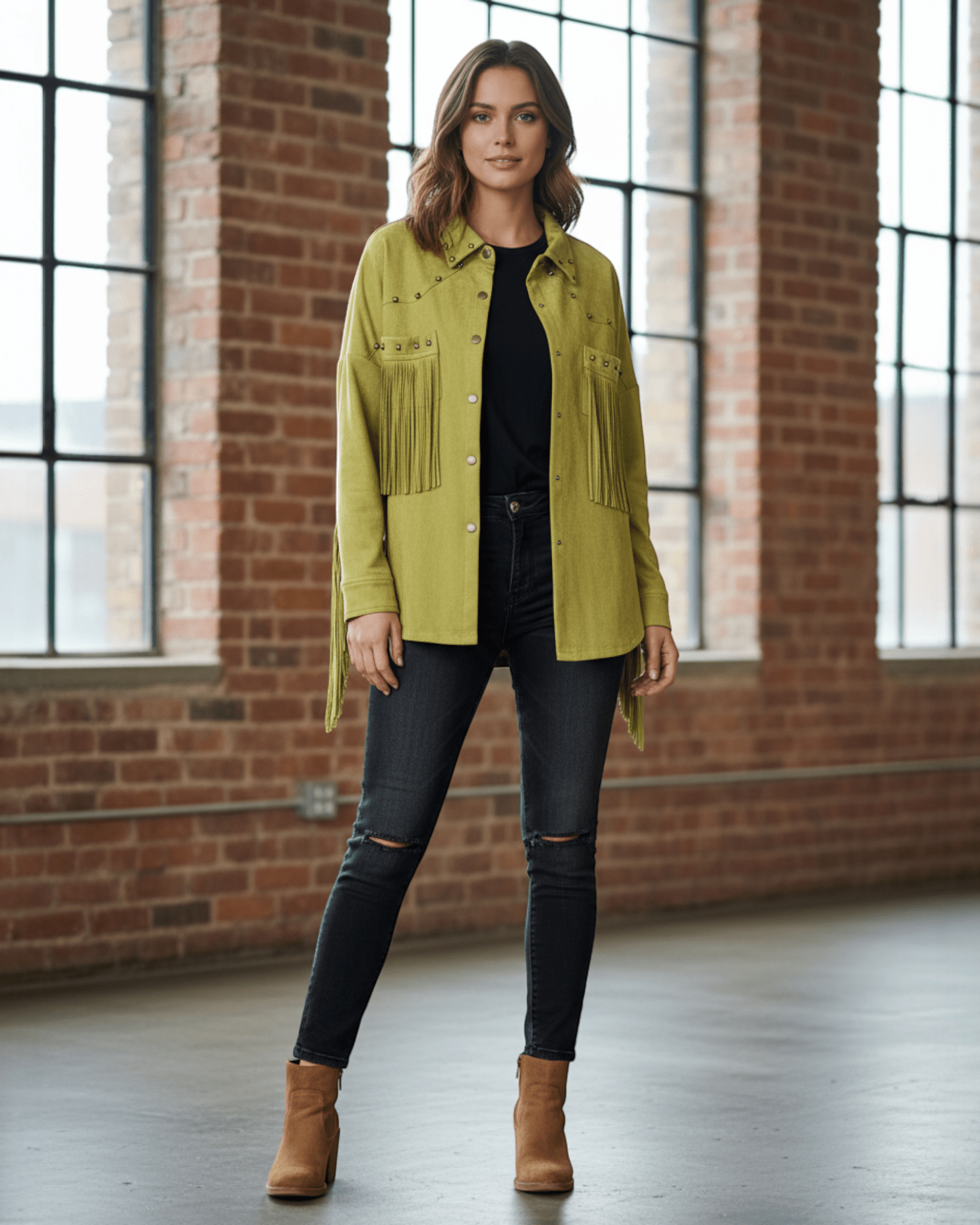 Fringe Trim Studded Shirt Jacket - Zilvina