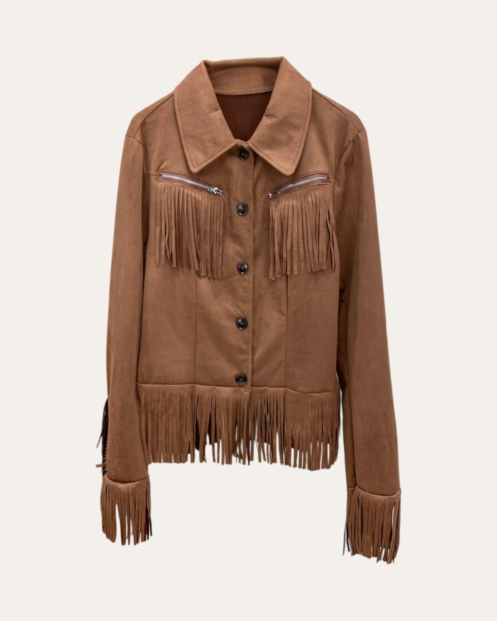 Fringe Zip Pocket Faux Suede Jacket - Zilvina