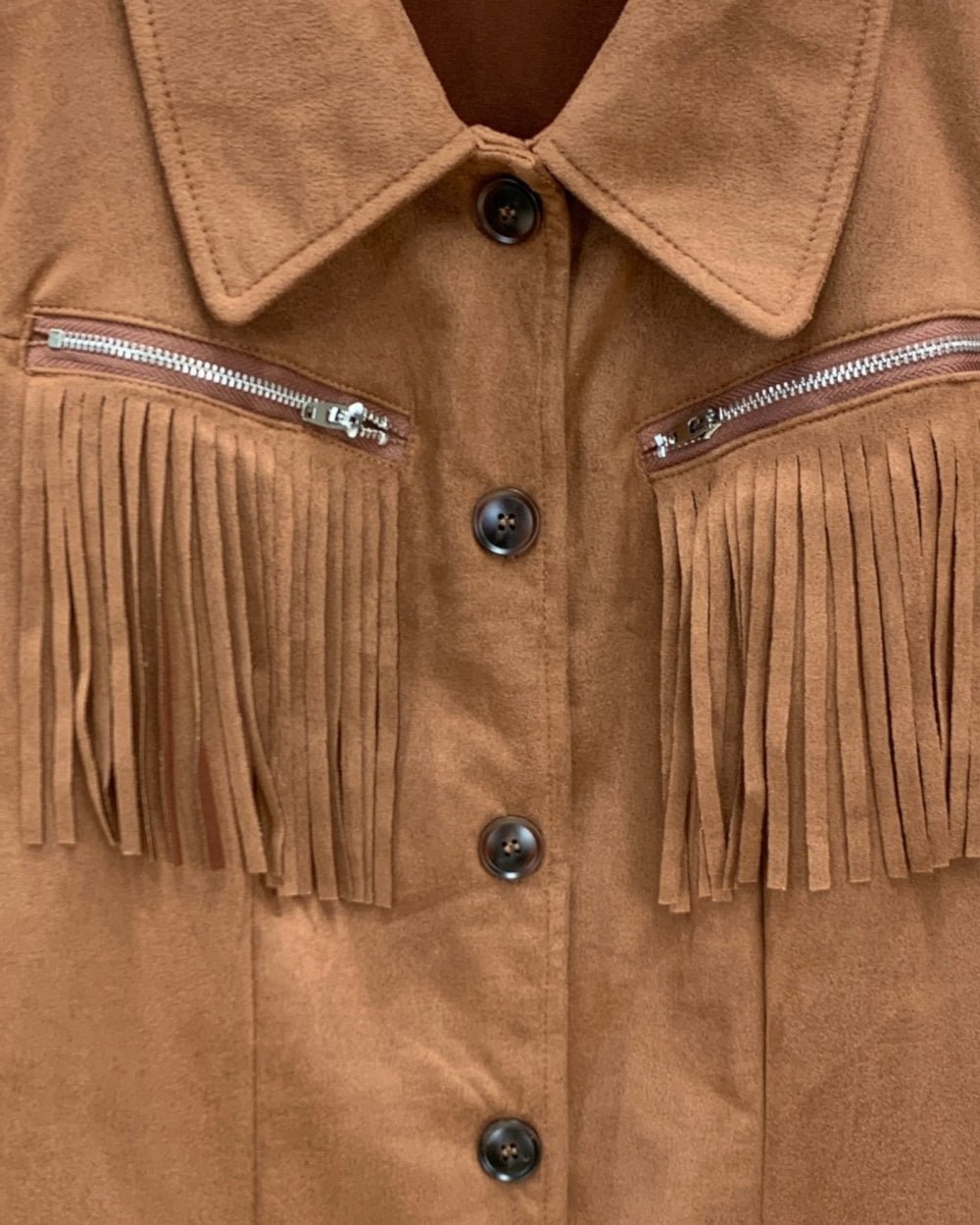 Fringe Zip Pocket Faux Suede Jacket - Zilvina