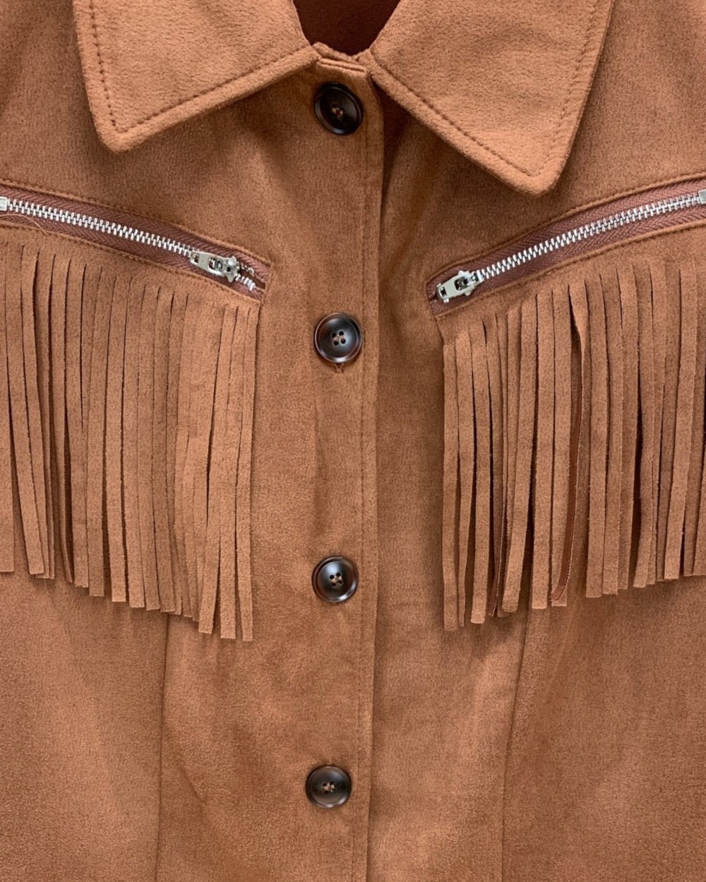 Fringe Zip Pocket Faux Suede Vest - Zilvina