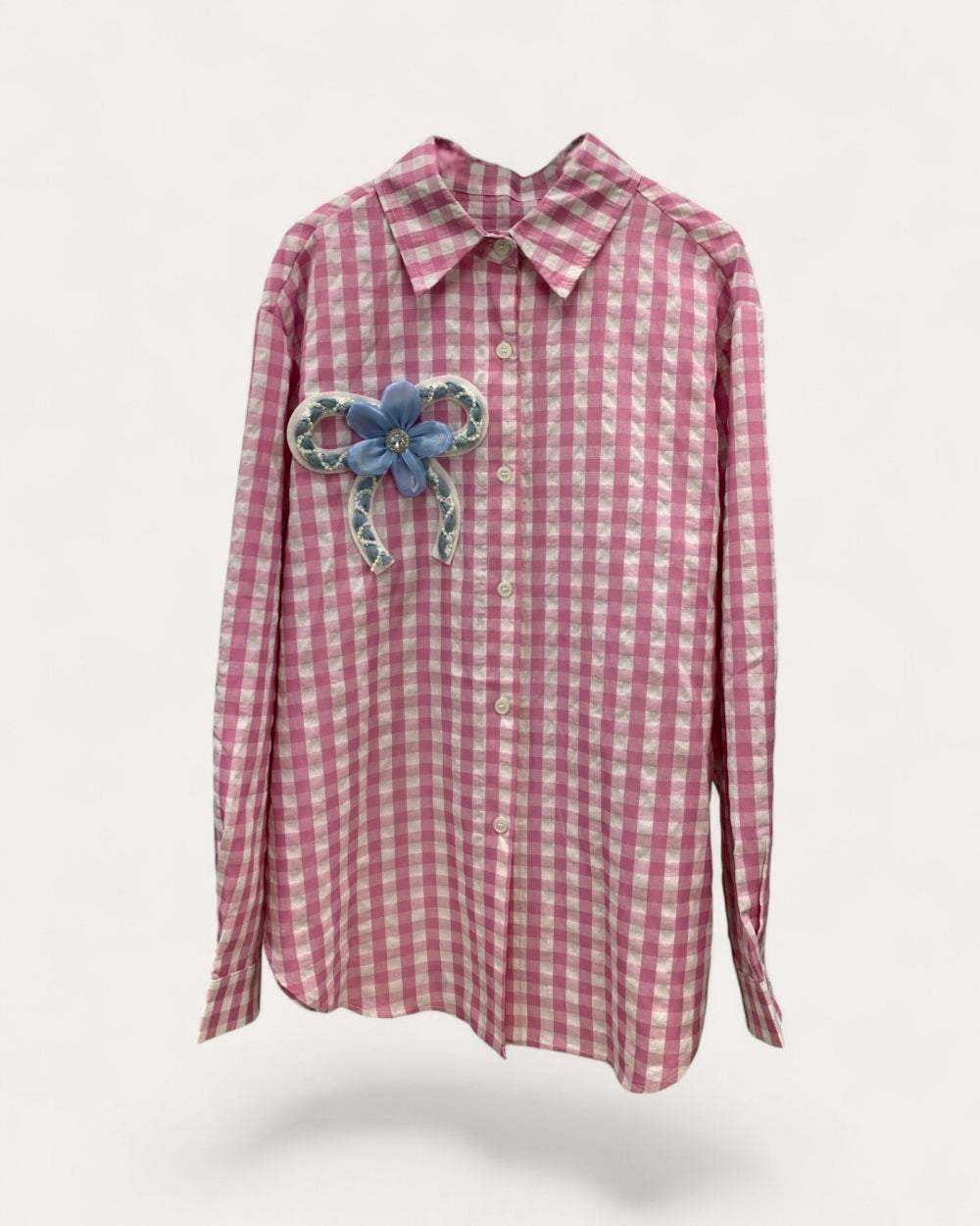 Gingham Bow Appliqué Shirt - Zilvina