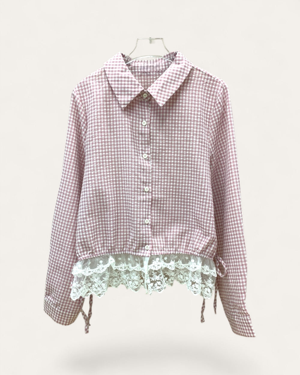 Gingham Lace Hem Cropped Blouse - Zilvina