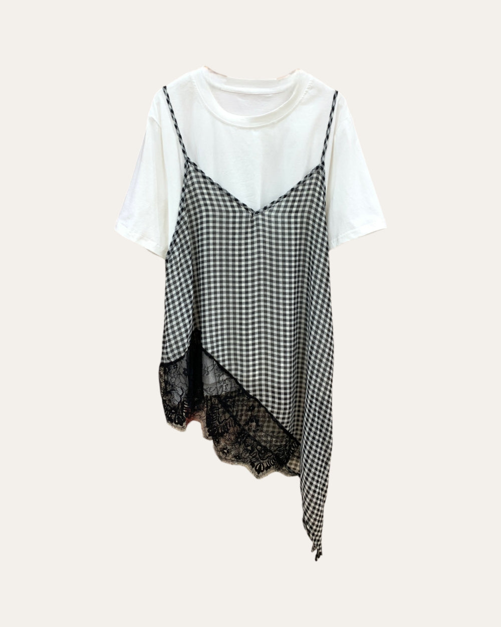 Gingham Lace Layered Asymmetrical Top - Zilvina