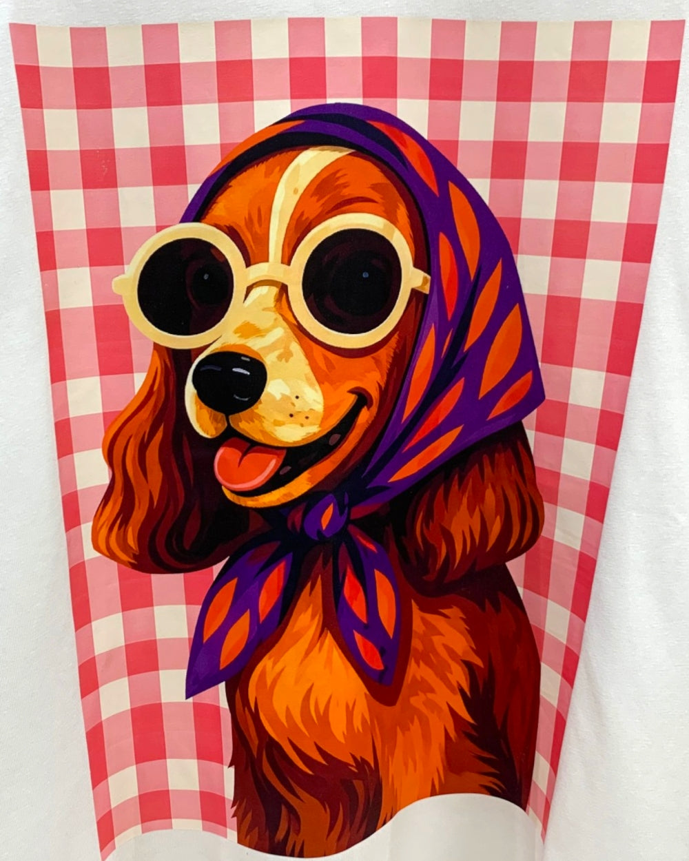 Gingham Scarf Dog Graphic Tee - Zilvina