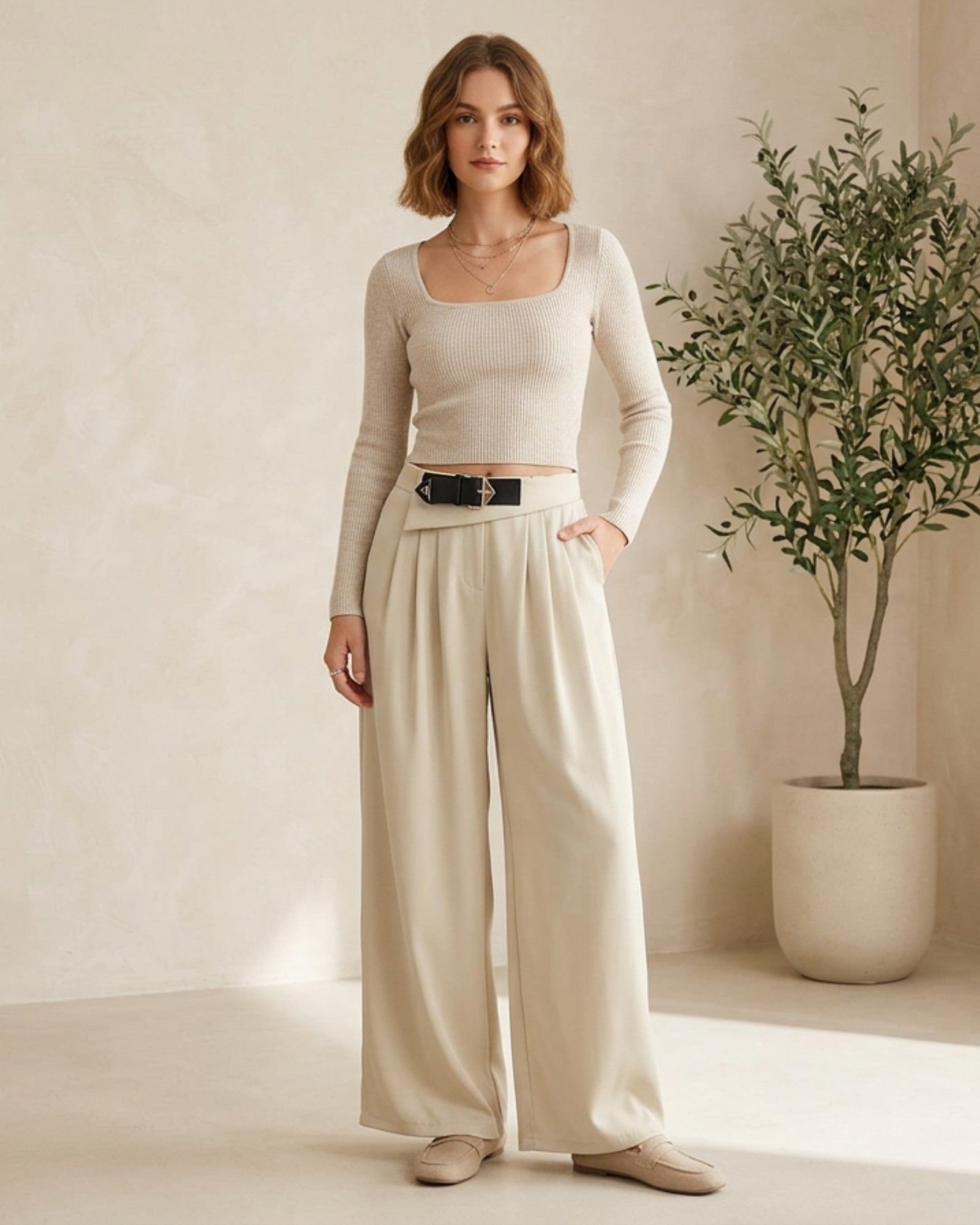 High - Waist Pleated Wide - Leg Pants with Belt - Zilvina