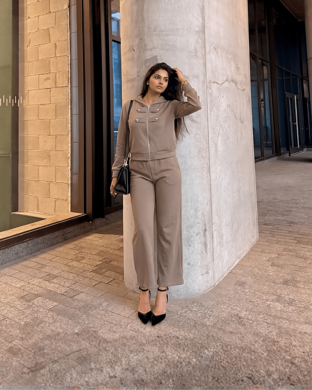 Hooded Zip-Up Top & Wide Leg Pants Set - Zilvina