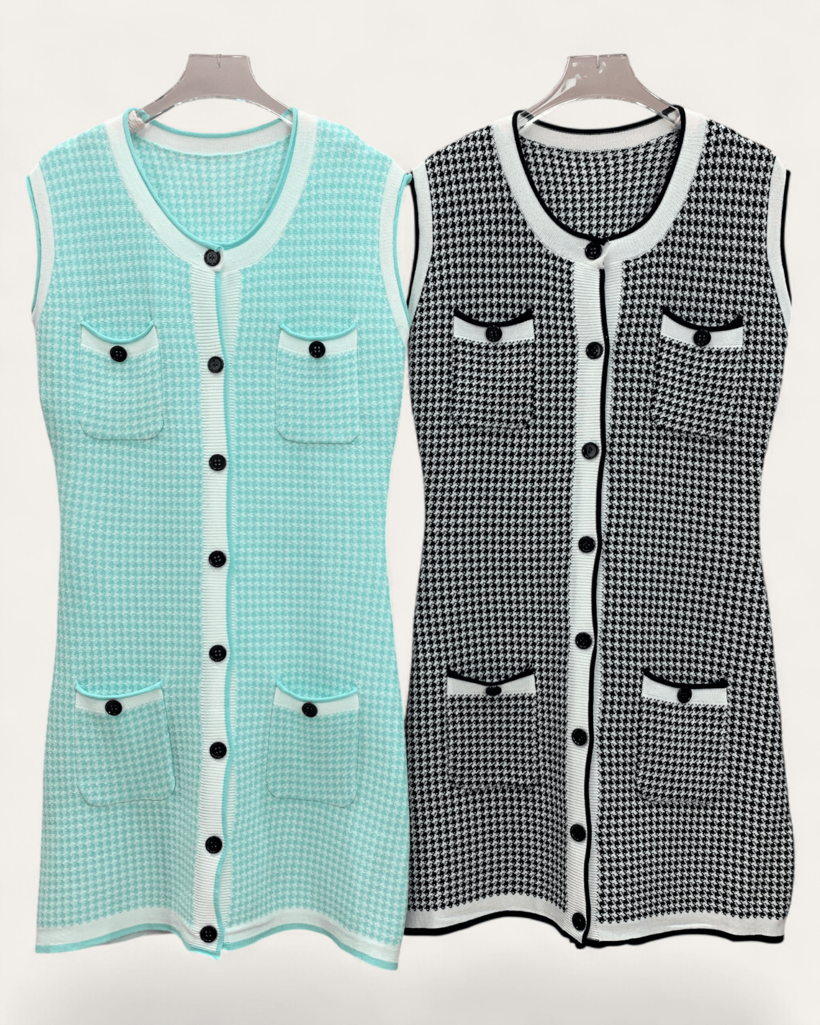 Houndstooth Sleeveless Knit Dress with Button Detail - Zilvina
