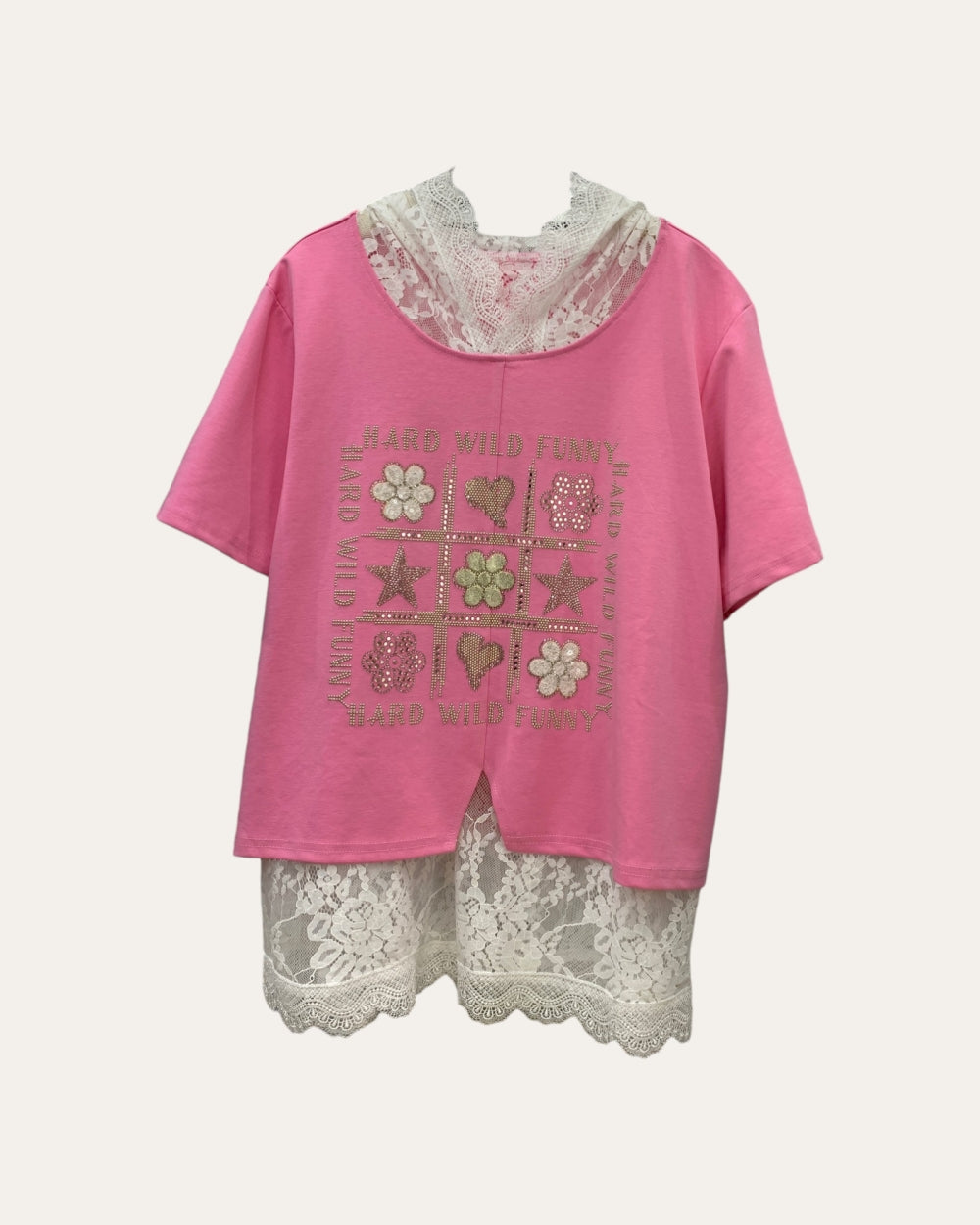 Lace Layer Graphic Tee Top - Zilvina