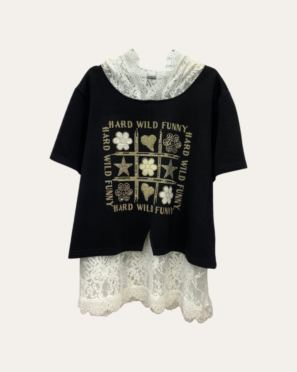 Lace Layer Graphic Tee Top - Zilvina