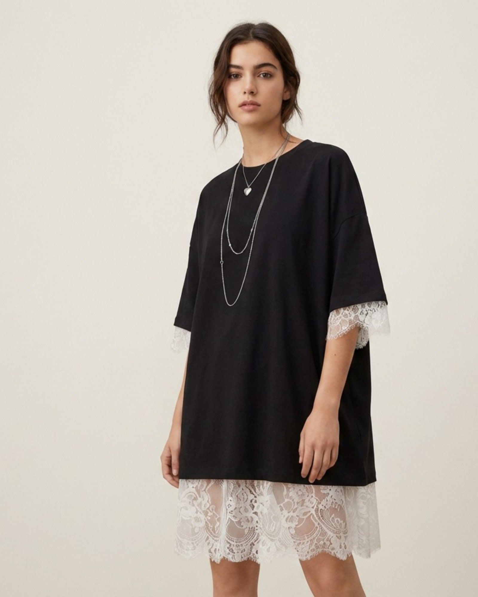Lace Layered Oversized T-Shirt Dress - Zilvina