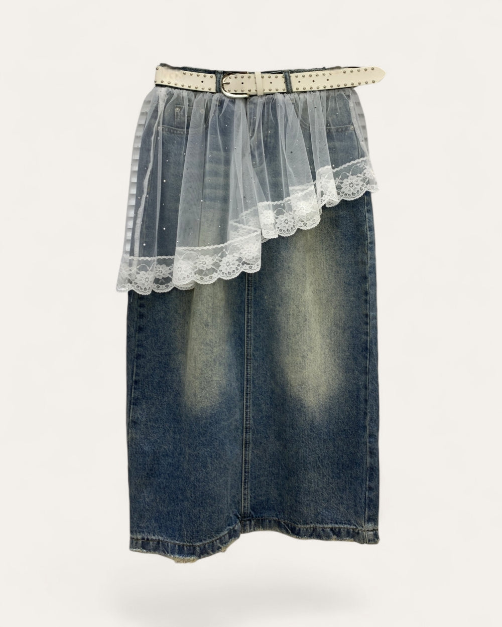 Lace Overlay Denim Midi Skirt - Zilvina