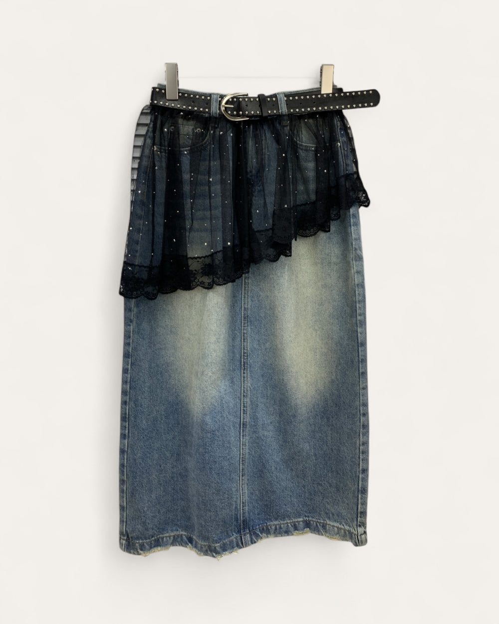 Lace Overlay Denim Midi Skirt - Zilvina
