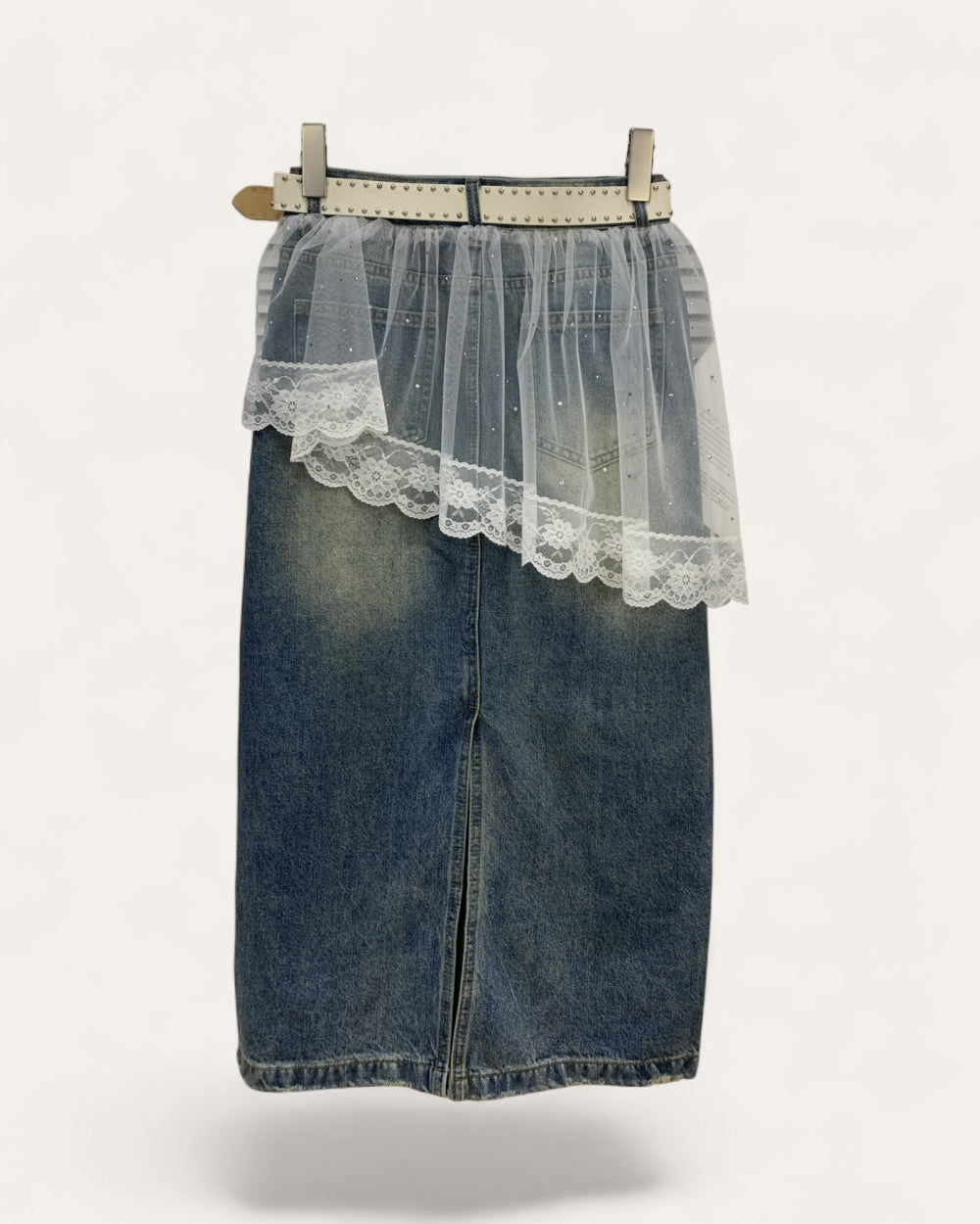 Lace Overlay Denim Midi Skirt - Zilvina