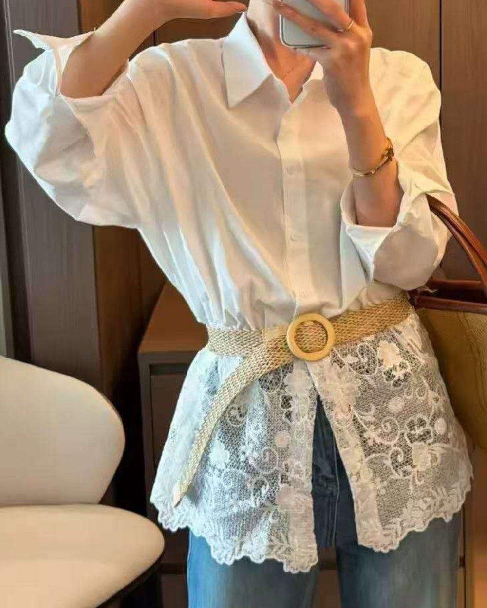 Lace Panel Belted Shirt Top - Zilvina