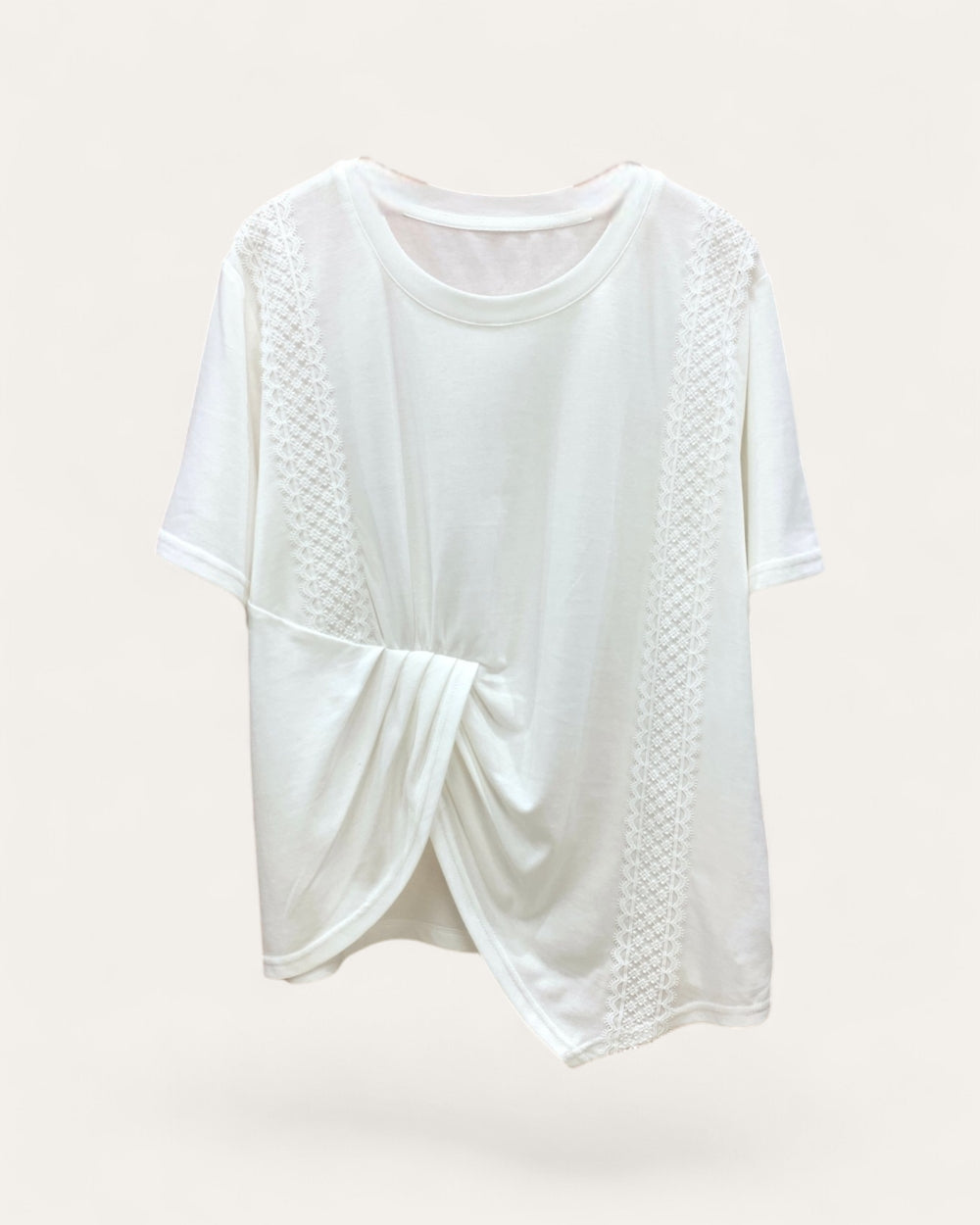 Lace Panel Twist Hem Tee - Zilvina