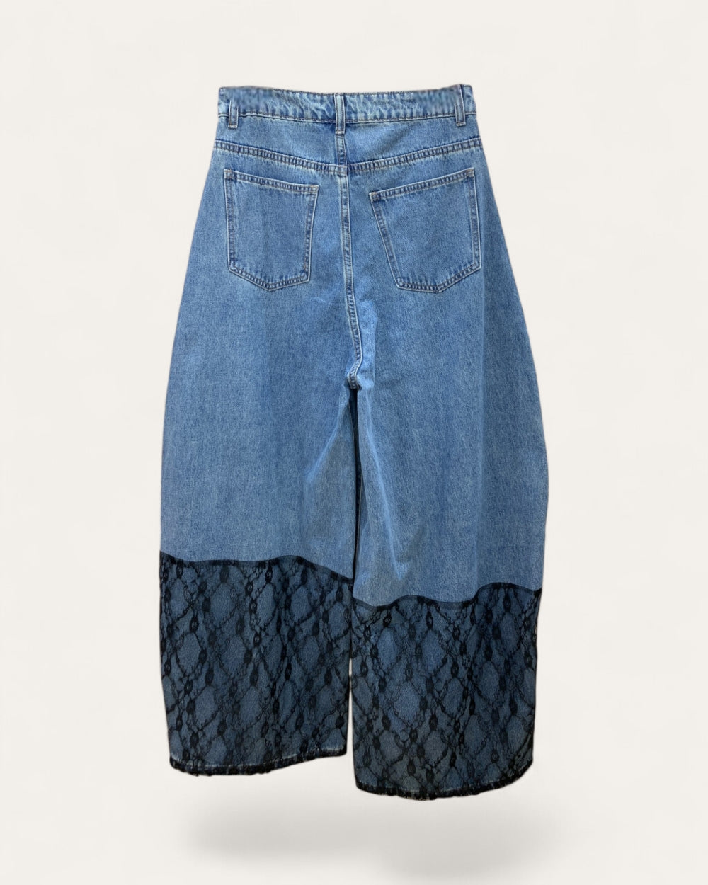 Lace Panel Wide Leg Denim Pants - Zilvina