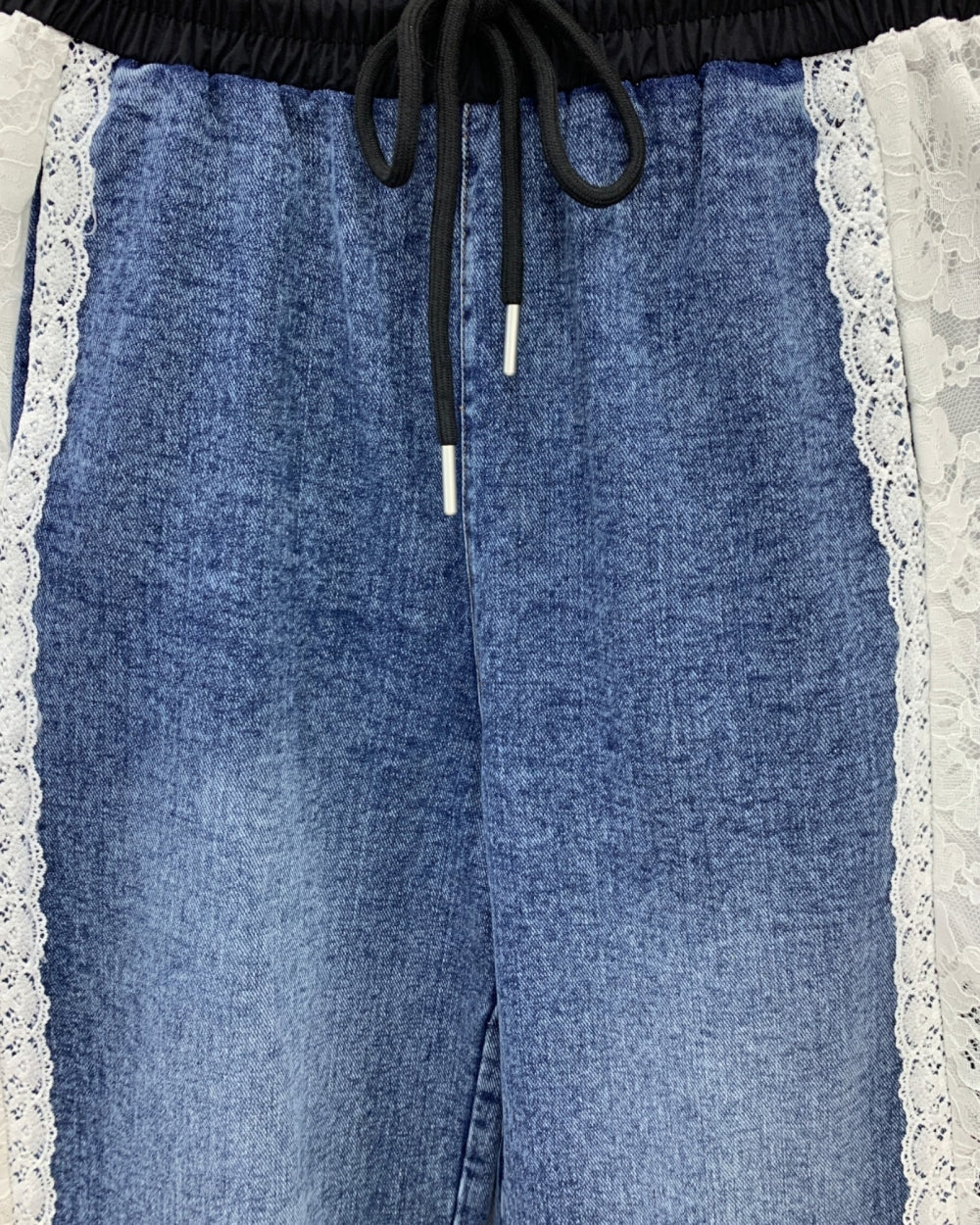 Lace Panel Wide Leg Denim Pants - Zilvina