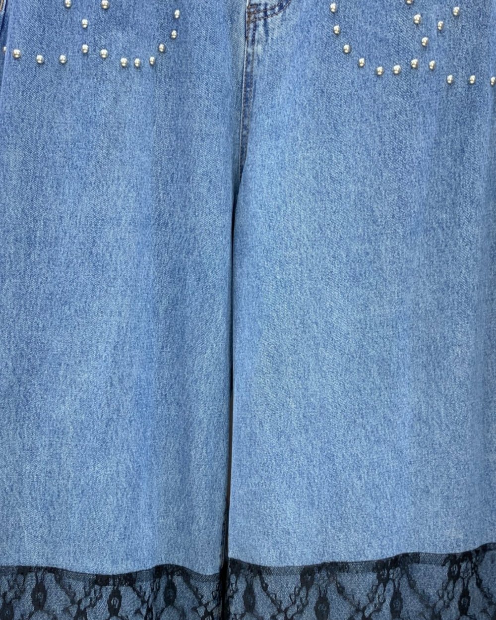 Lace Panel Wide Leg Denim Pants - Zilvina