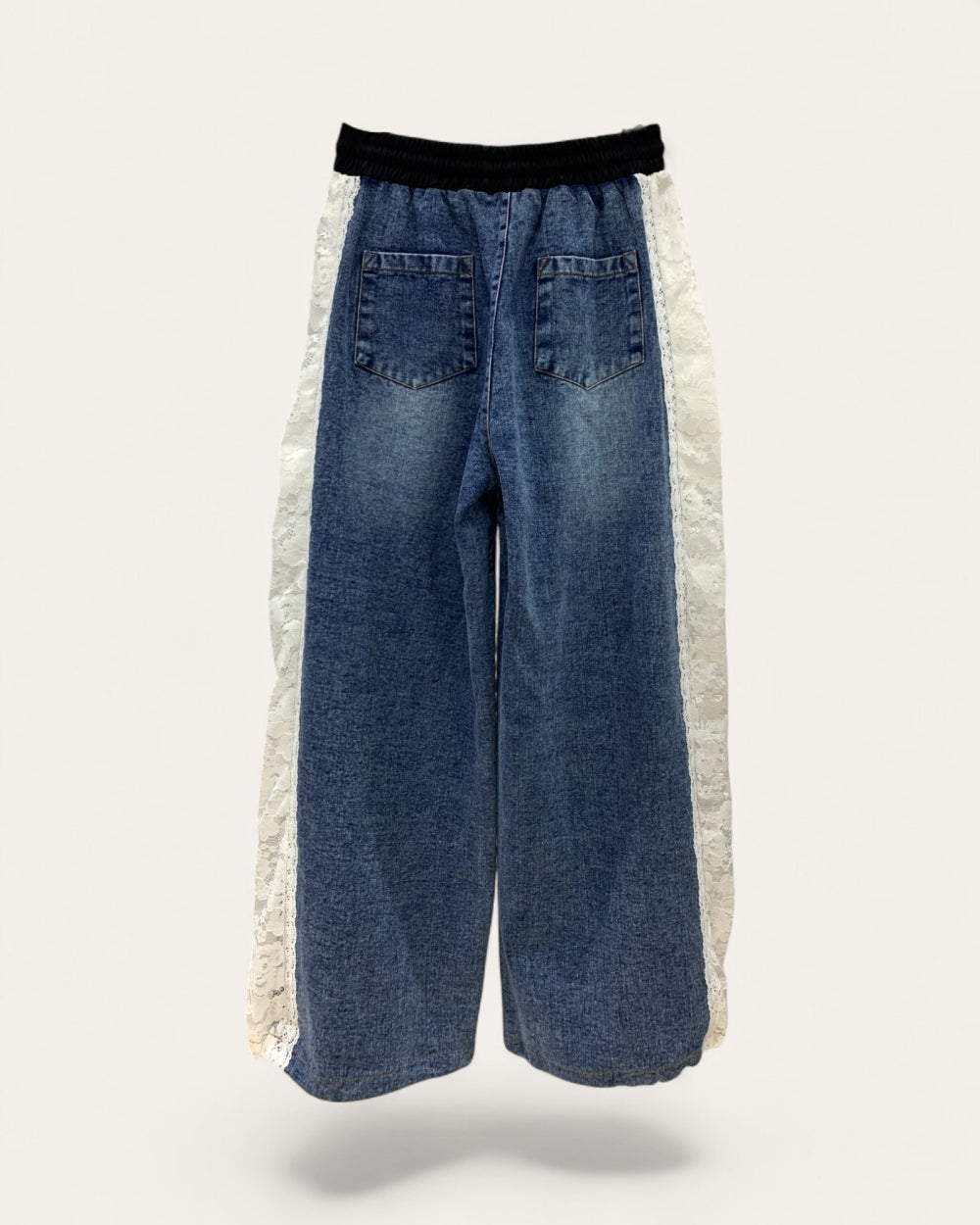 Lace Panel Wide Leg Denim Pants - Zilvina