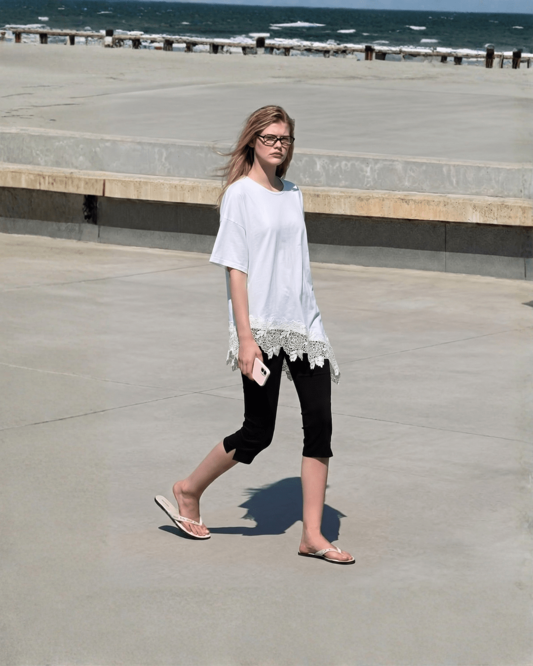 Lace Trim Asymmetrical Tee - Zilvina