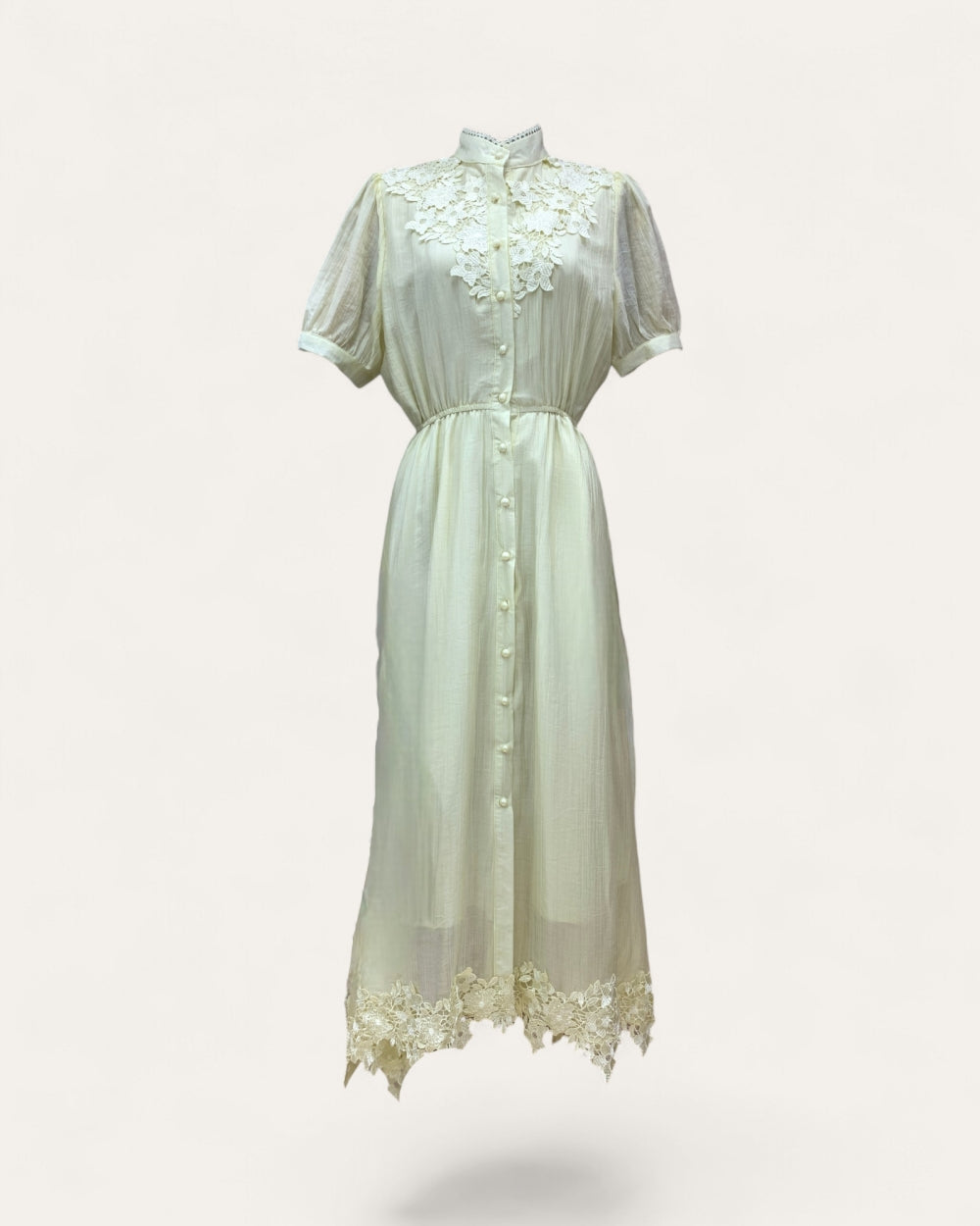 Lace Trim Button Front Midi Dress - Zilvina