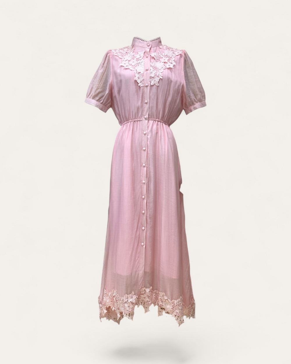Lace Trim Button Front Midi Dress - Zilvina