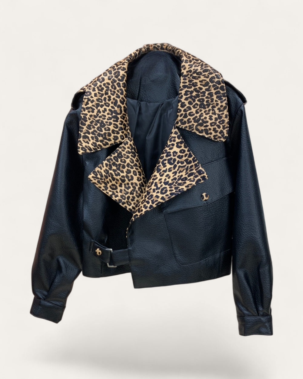 Leopard Collar Faux Leather Jacket - Zilvina