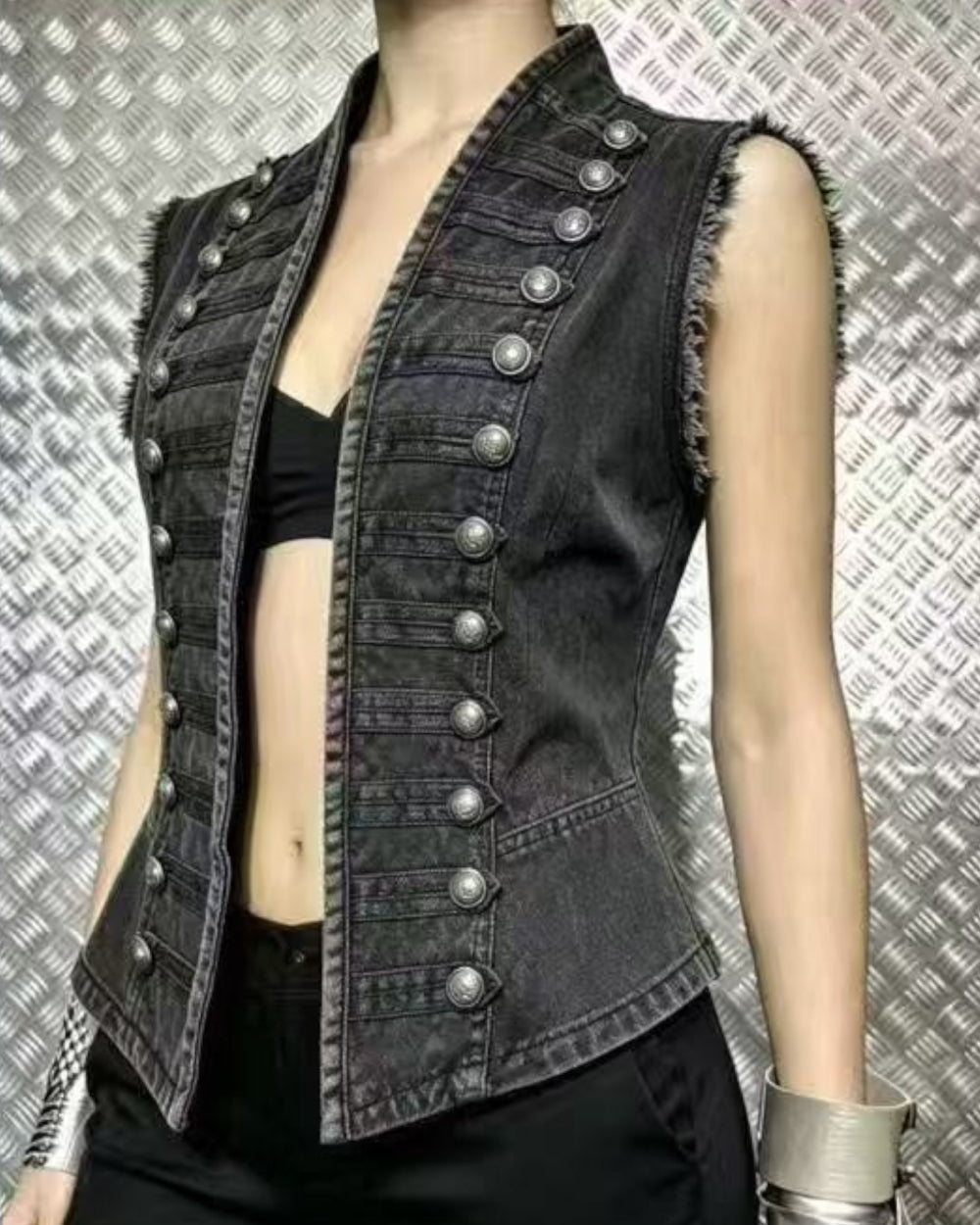 Military Button Denim Vest - Zilvina