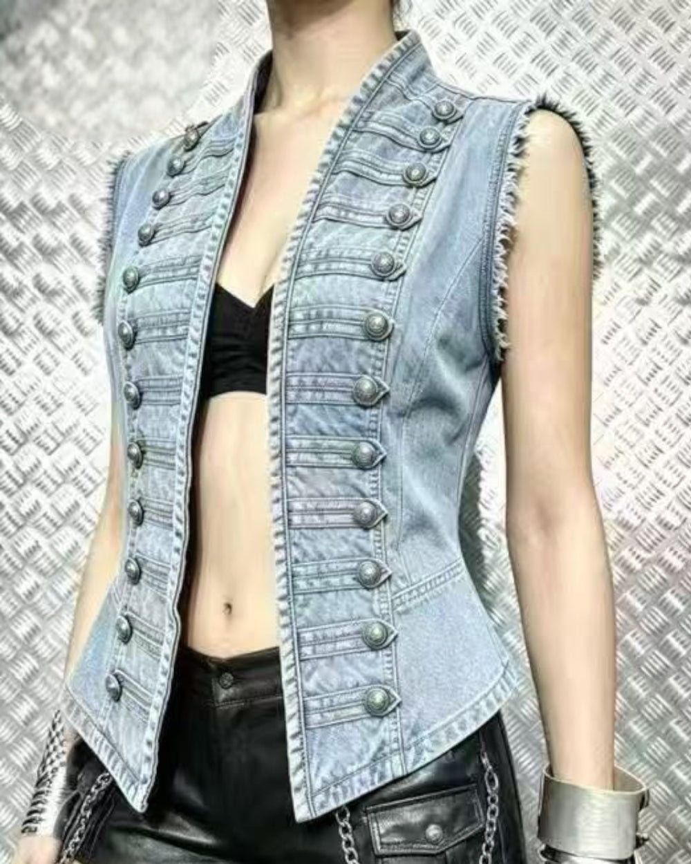 Military Button Denim Vest - Zilvina