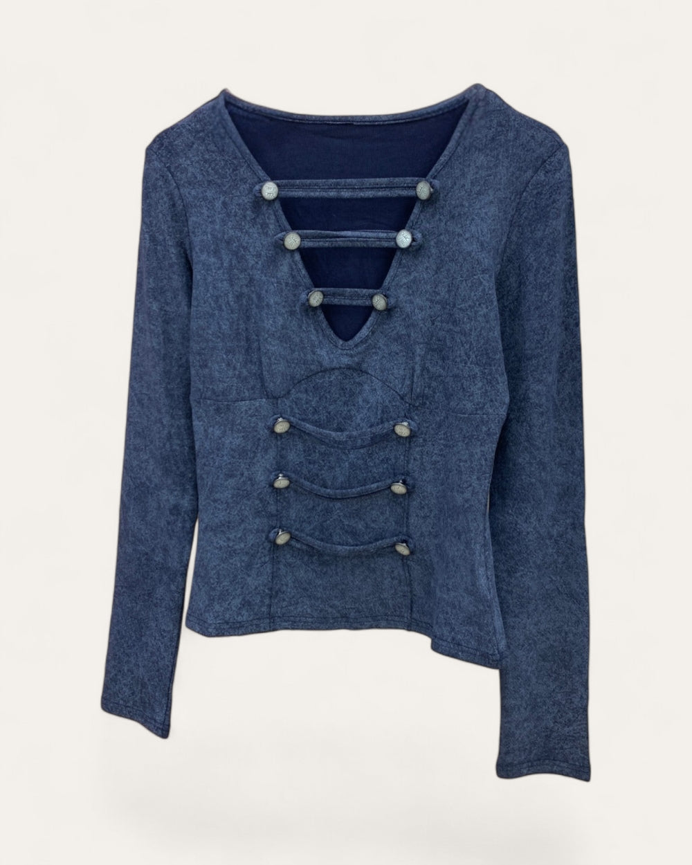 Military Button Detail V-Neck Long Sleeve Top - Zilvina