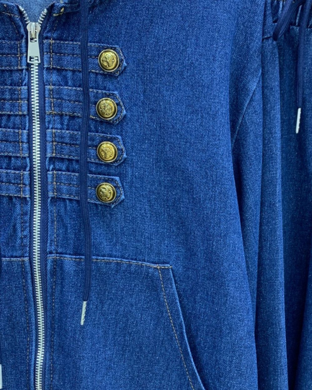 Military Button Hooded Denim Set - Zilvina