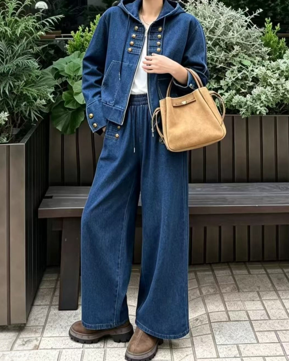 Military Button Hooded Denim Set - Zilvina