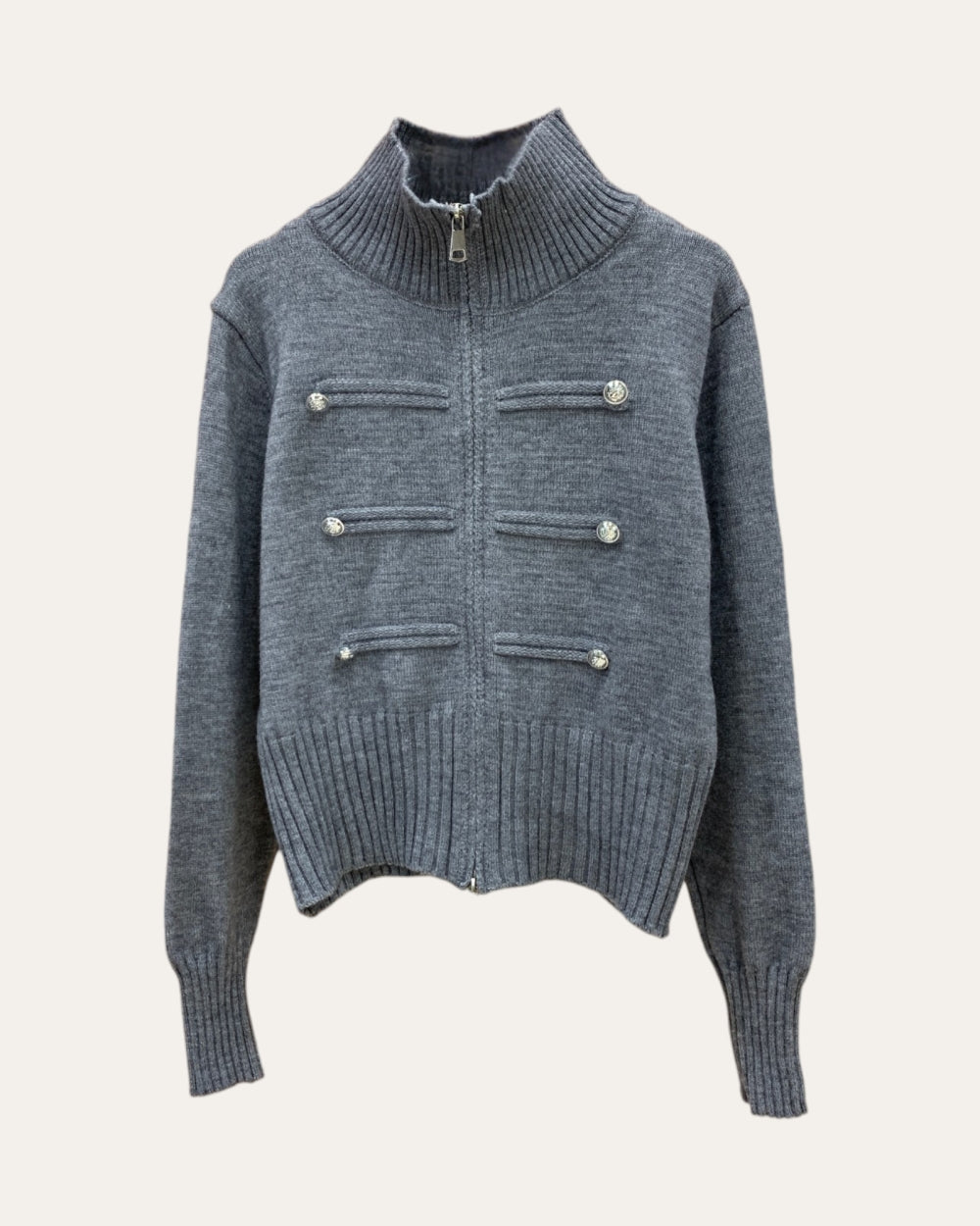 Military Button Knit Zip Cardigan - Zilvina