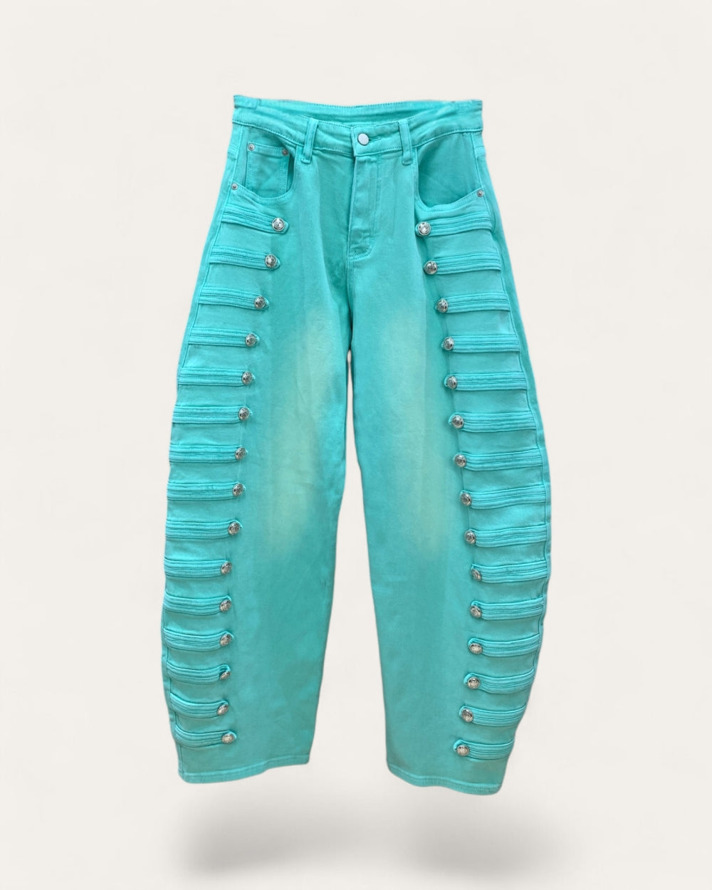 Military Button Trim Barrel Leg Denim Jeans - Zilvina