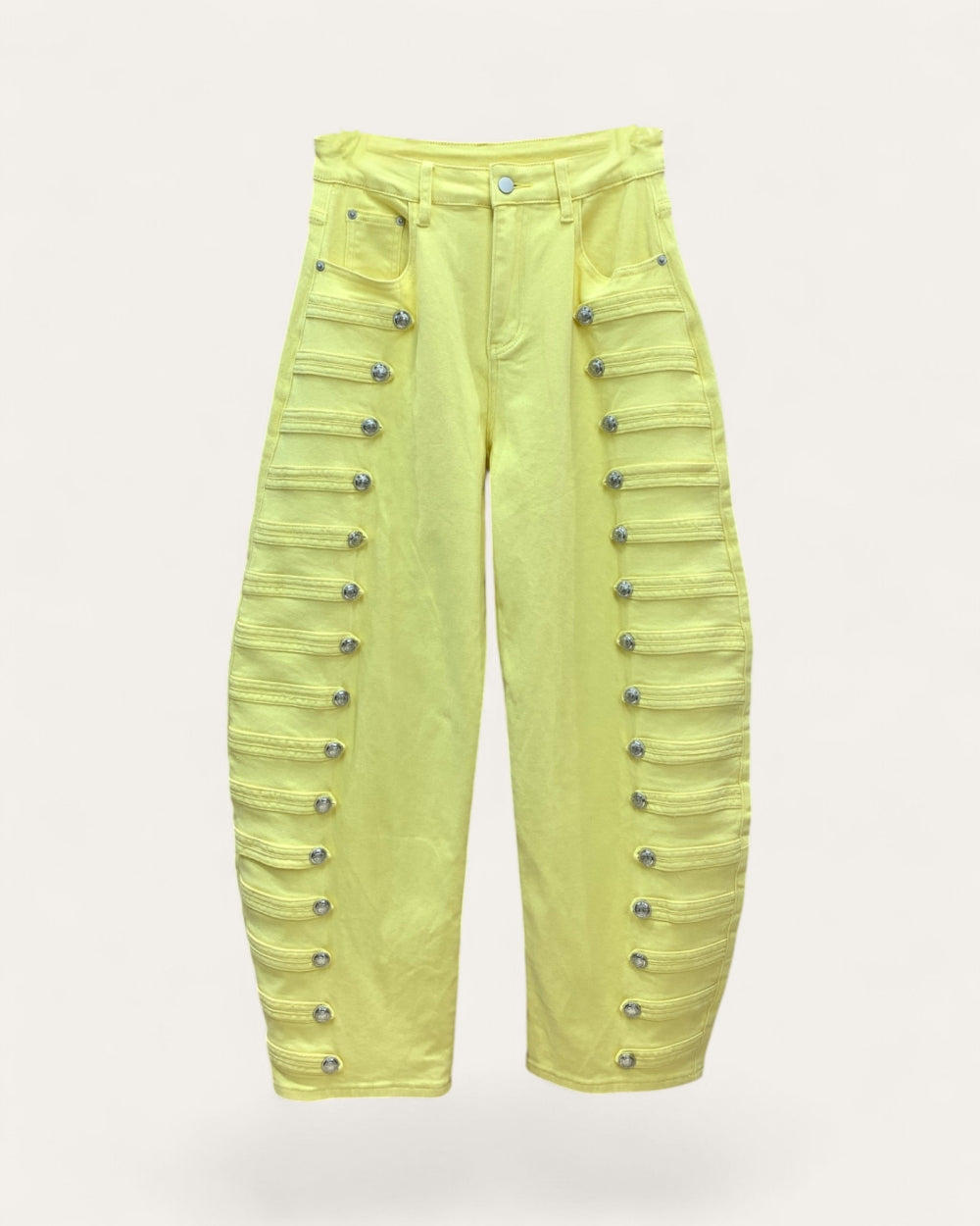 Military Button Trim Barrel Leg Denim Jeans - Zilvina
