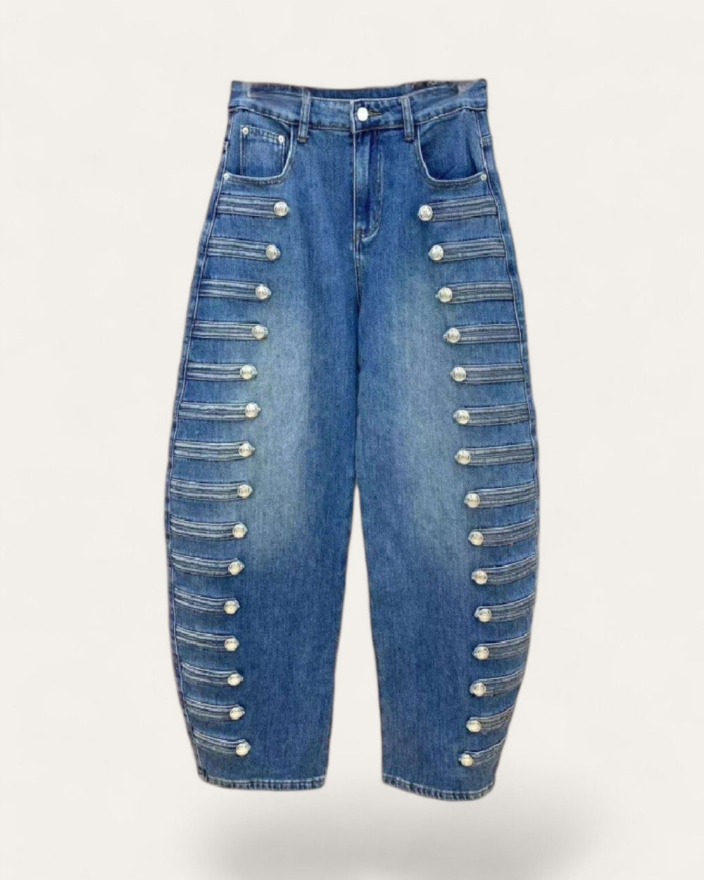 Military Button Trim Barrel Leg Denim Jeans - Zilvina