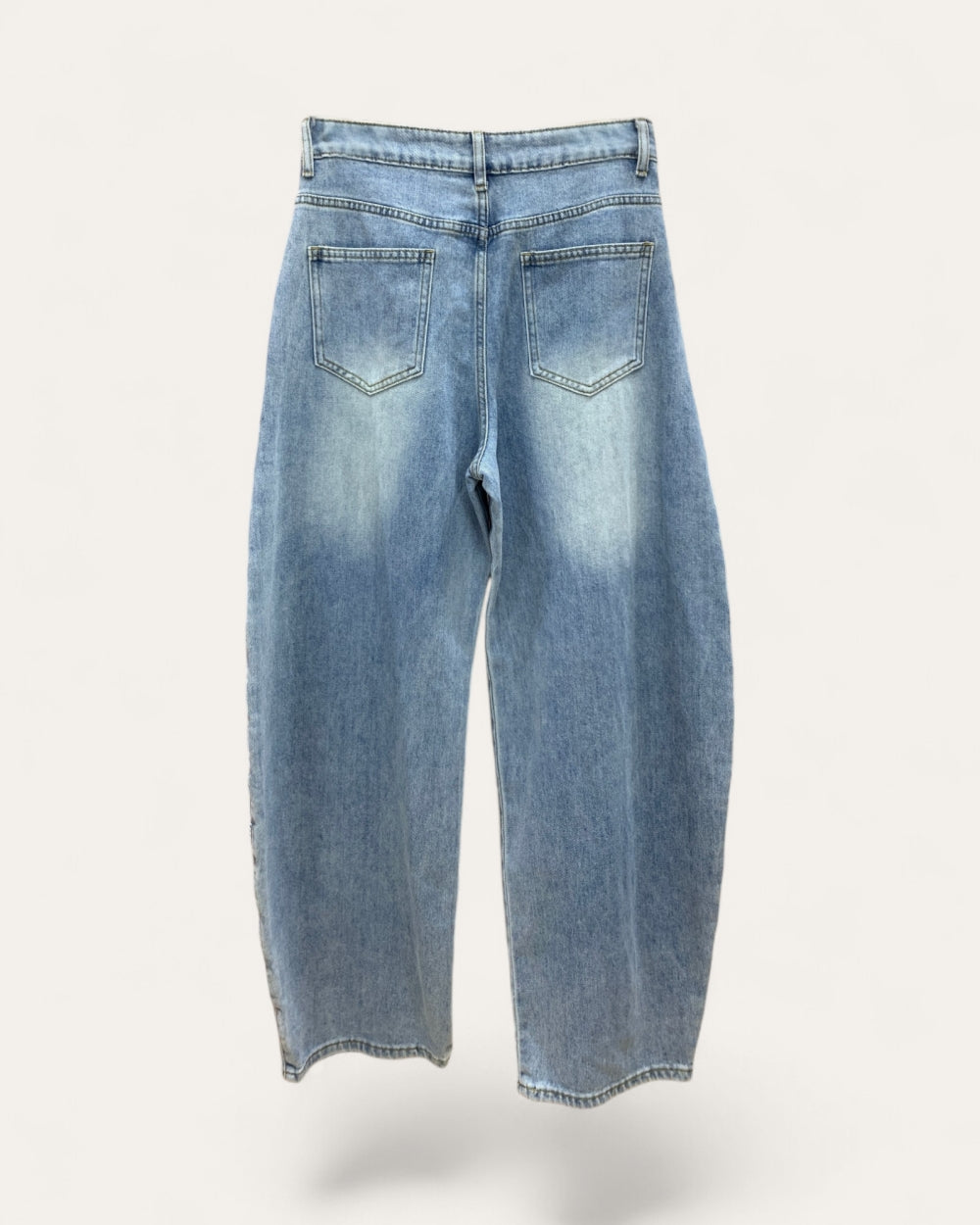 Military Button Trim Barrel Leg Denim Jeans - Zilvina