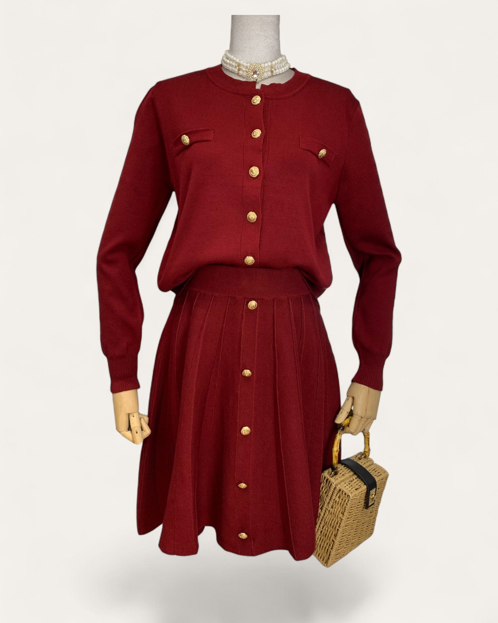 Pleated Knit Top and Skirt Set with Gold Button Detail