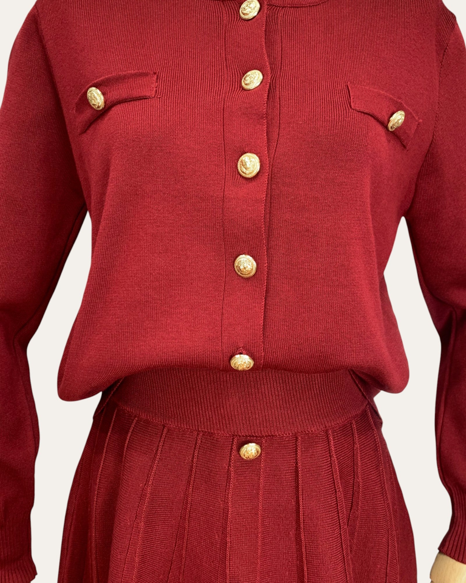 Pleated Knit Top and Skirt Set with Gold Button Detail