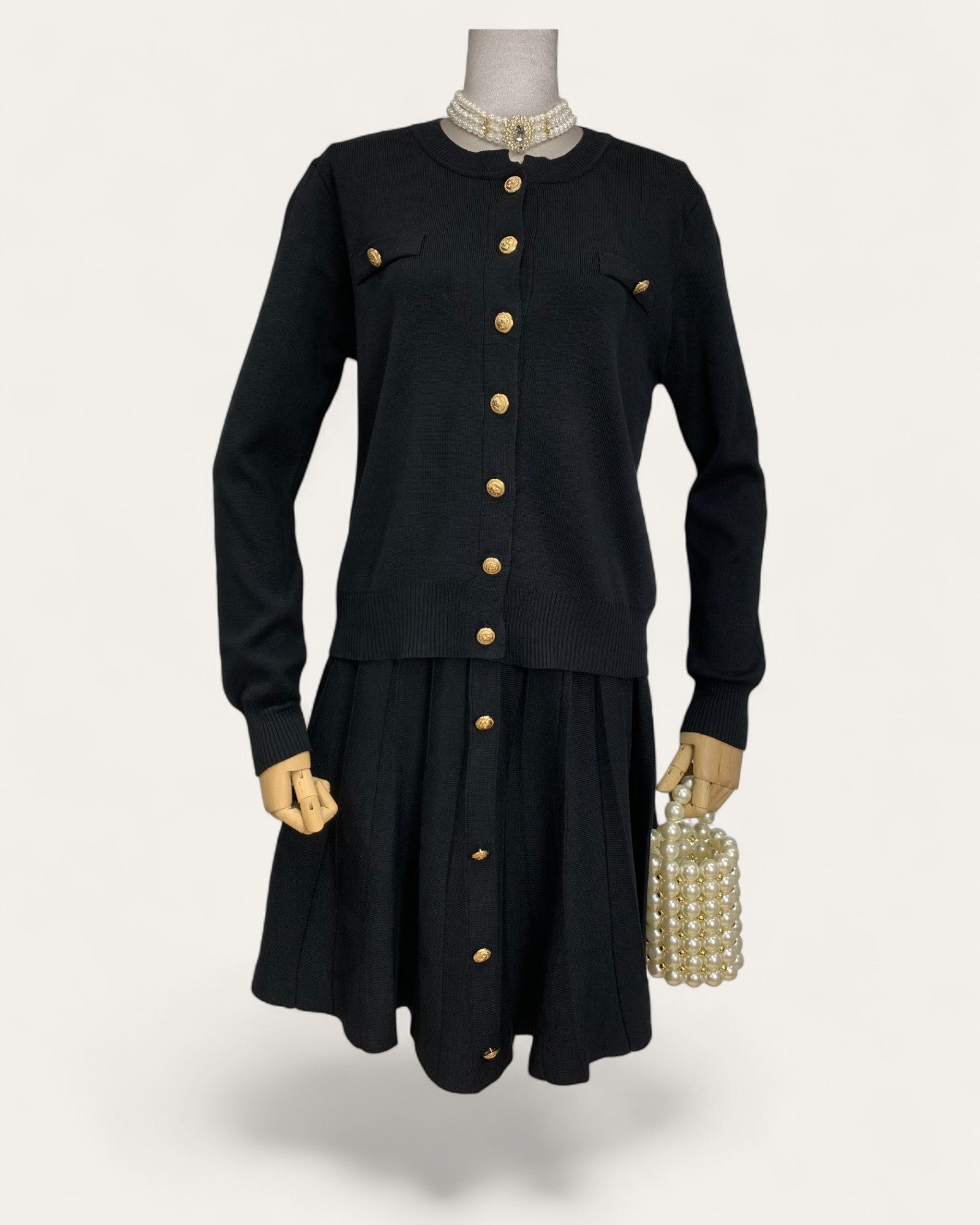 Pleated Knit Top and Skirt Set with Gold Button Detail