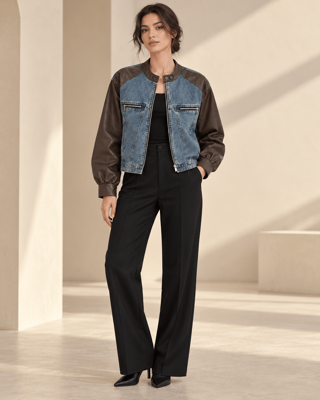 Moto Denim & Faux Leather Jacket - Zilvina