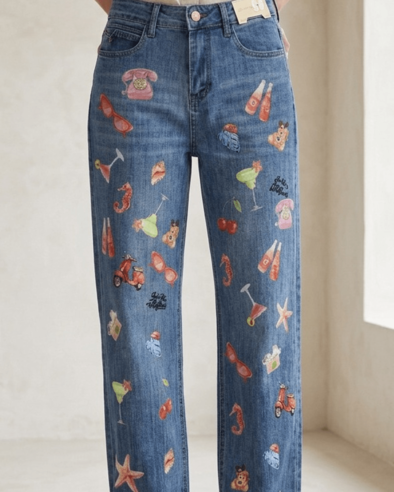 Multi Icon Print Stretch Straight - Leg Jeans - Zilvina