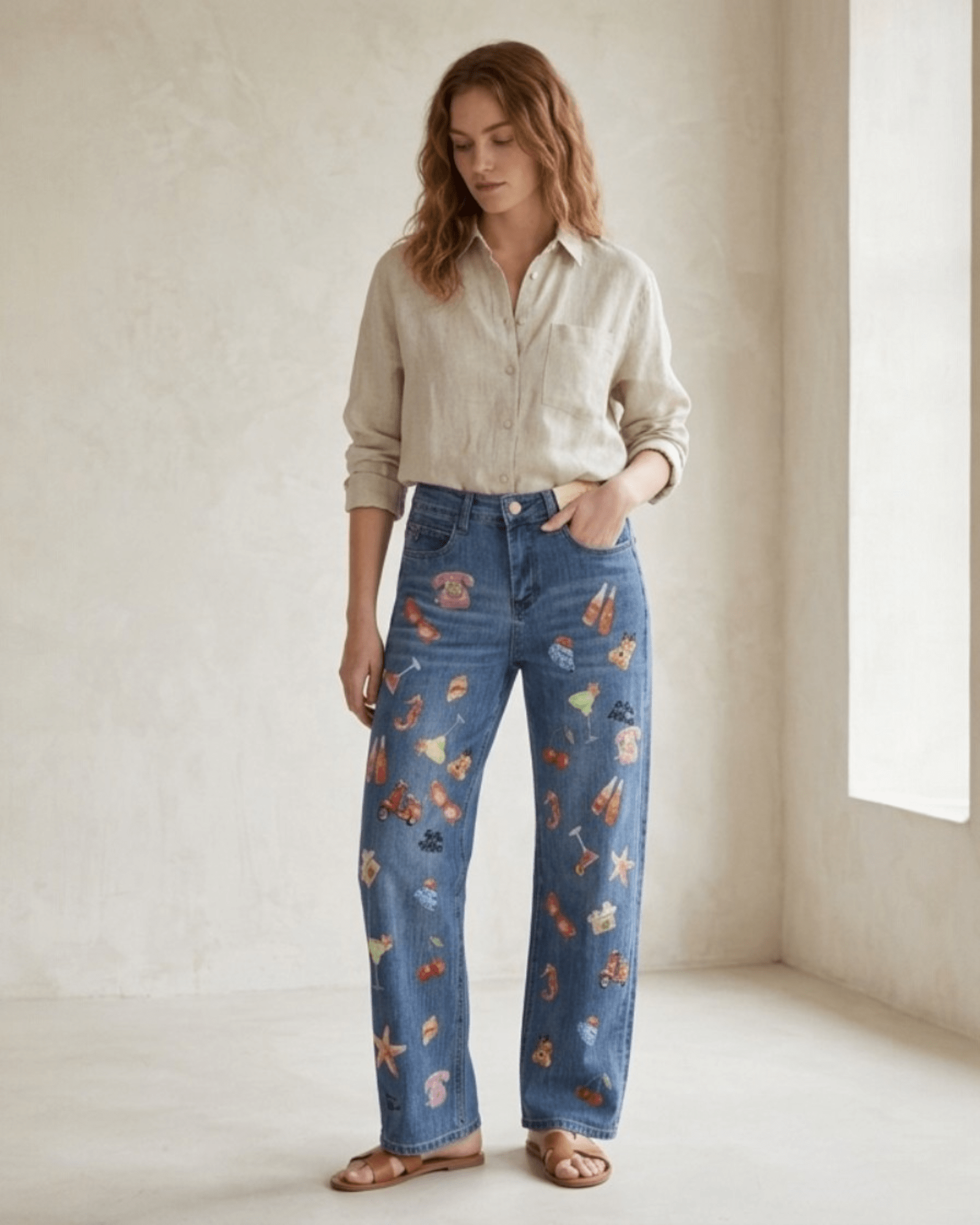 Multi Icon Print Stretch Straight - Leg Jeans - Zilvina