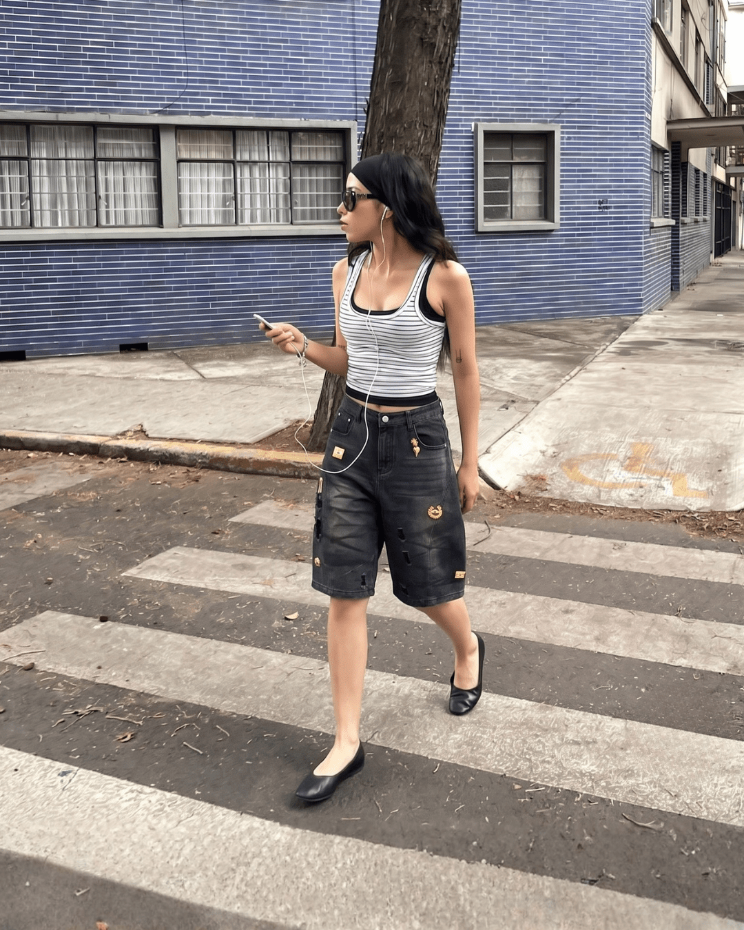 Mystic Eye Distressed Denim Bermuda Shorts - Zilvina