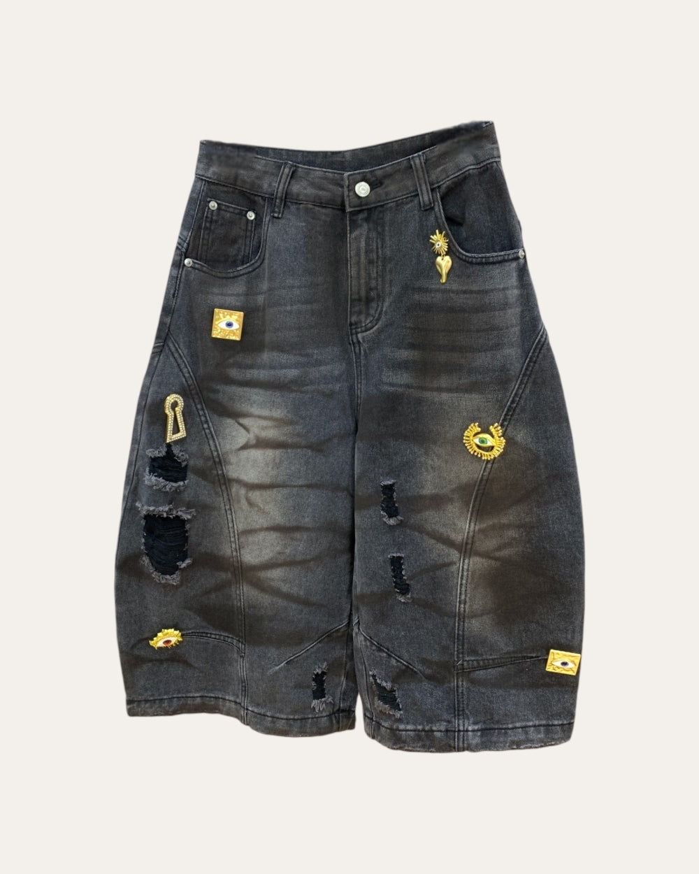 Mystic Eye Distressed Denim Bermuda Shorts - Zilvina