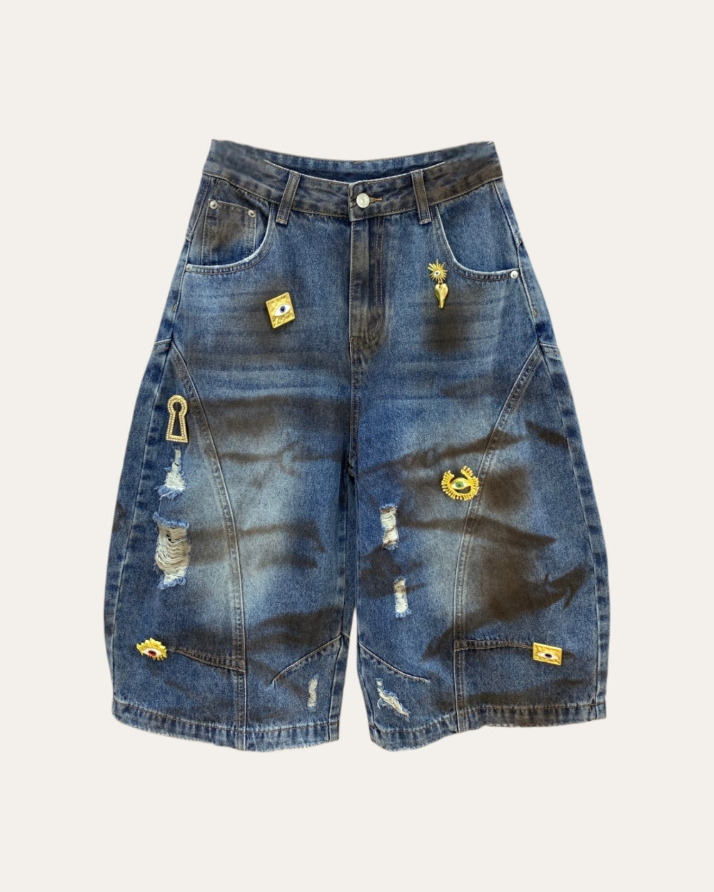 Mystic Eye Distressed Denim Bermuda Shorts - Zilvina