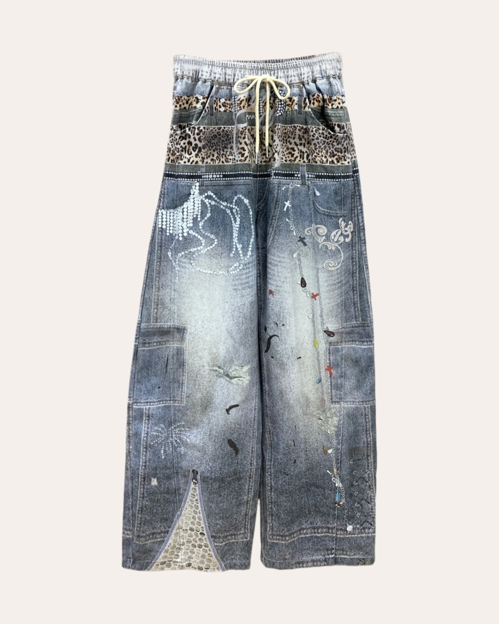 Patchwork Drawstring Wide-Leg Jeans - Zilvina