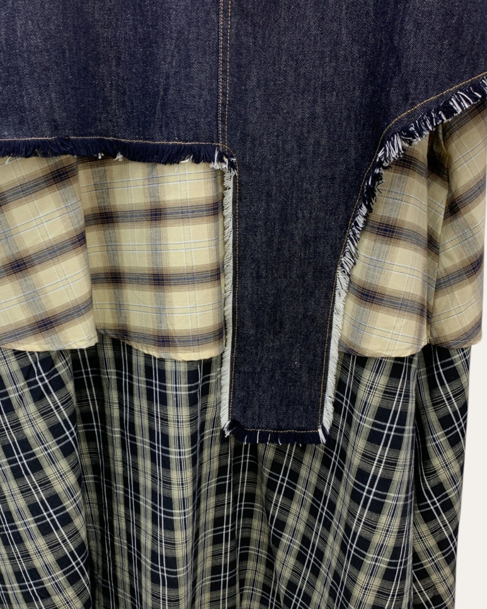 Patchwork Plaid Denim Layered Midi Skirt - Zilvina