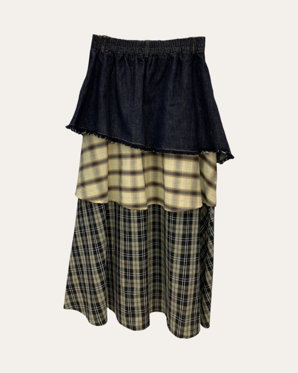 Patchwork Plaid Denim Layered Midi Skirt - Zilvina